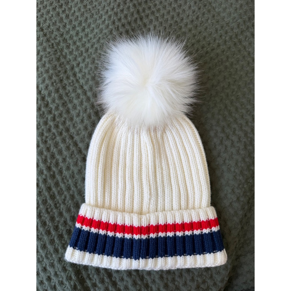 Forever 21 White Ribbed Knit Beanie Faux Fur Pom Pom Striped Cuff Winter Hat - Picture 2 of 3